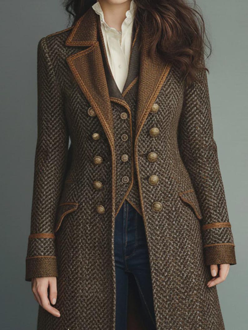 May include: A brown herringbone pattern coat with a double-breasted design. The coat features a contrasting brown collar, trim, and buttons. The coat is worn over a vest and a white collared shirt.