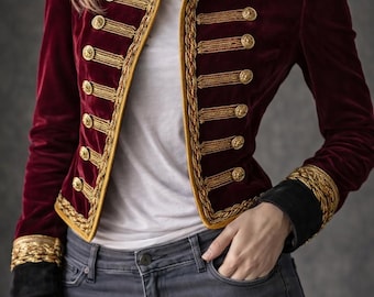 Burgundy Velvet Military Jacket Women, Gold Embroidered Hussar Jacket, Vintage Royal Blazer, Handmade Designer Statement Coat