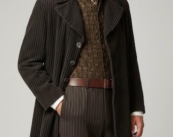 Vintage Retro Military Corduroy Long Coat | Men’s Button Closure Classic Corduroy Coat | Victorian Style Outerwear