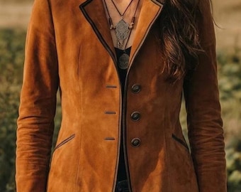 Bohemian Brown Microsuede Blazer Jacket PDF Pattern for Women | Vintage Suede Button Down Coat Sewing Tutorial Digital Download