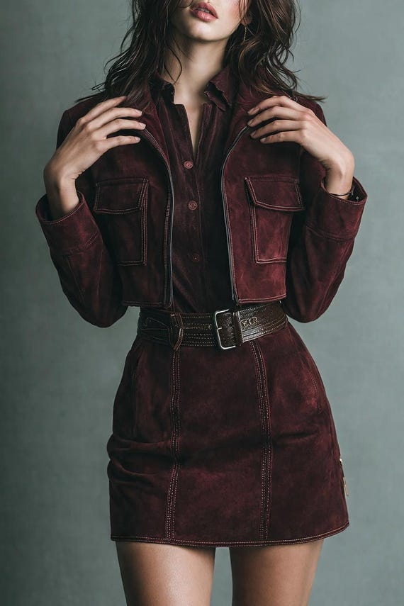 Retro Burgundy Suede Cropped Jacket & Mini Skirt Set – Vintage Style Two Piece Outfit, Women's Suede Jacket Set, Fall Winter Fashion Outfit