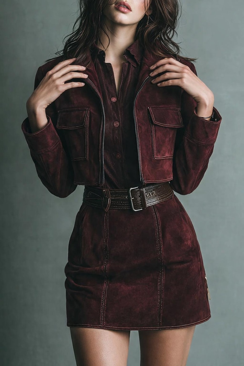 May include: A burgundy suede outfit featuring a cropped jacket with pockets, a button-down shirt, and a matching skirt. The outfit is accessorized with a brown leather belt with a silver buckle. The ensemble is a stylish, coordinated set.
