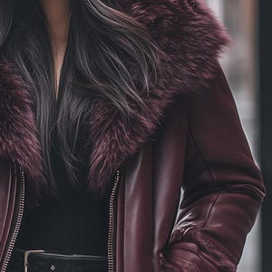 May include: A burgundy leather jacket with a faux fur collar and cuffs. The jacket features a zipper closure and a black belt with a silver buckle. The sleeves have fur trim, and the jacket appears to be worn over a black top.