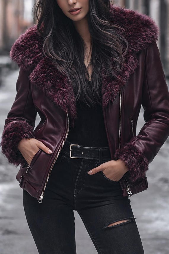 Vintage Fur Collar Leather Jacket Women, Burgundy Leather Jacket Faux Fur Collar Coat, Zip Lined Winter Jacket Retro Style Leather Outerwear