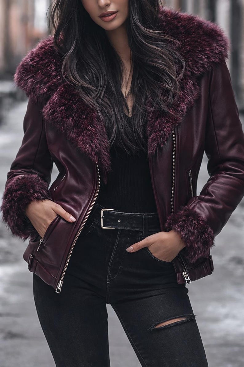 May include: Burgundy faux leather jacket with a faux fur collar and cuffs. The jacket has a zipper closure and a black belt. The model is wearing black jeans and a black top. The jacket is a stylish outerwear option.