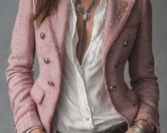 Romantic Dusty Rose Tweed Blazer Women, Double Breasted Pink Jacket, Tailored Vintage Style Coat, Elegant Office Blazer, Chic Fall Outfit