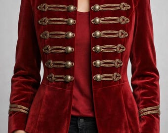 Patrón PDF de chaqueta de húsares de terciopelo rojo para mujer – Tutorial de costura de abrigo de estilo militar de lujo – Descarga digital