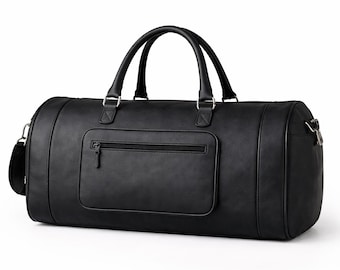Black Leather Duffel Bag, Minimalist Travel Bag, Weekender Bag for Men Women, Gym Bag, Handmade Overnight Bag, Carry On Luggage Gift for Him
