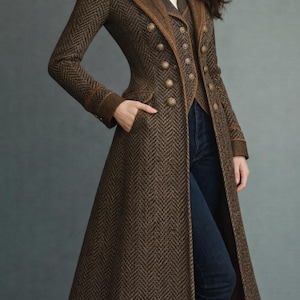 Retro Double Breasted Herringbone Wool Long Coat, Vintage Inspired Women Winter Coat, Contrast Lapel Elegant Formal Overcoat image 3