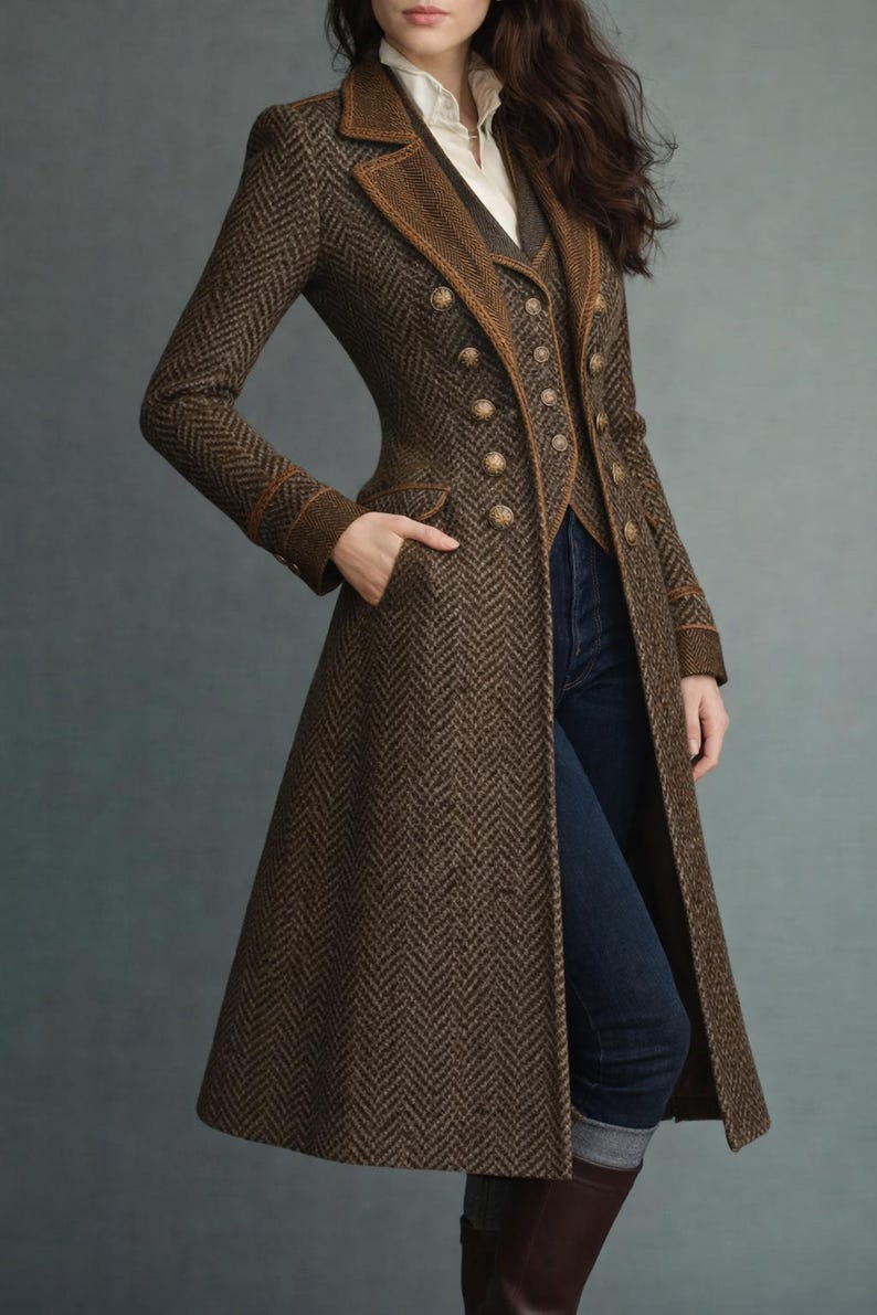 Retro Double Breasted Herringbone Wool Long Coat, Vintage Inspired Women Winter Coat, Contrast Lapel Elegant Formal Overcoat image 3