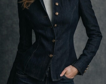 Vintage High Collar Denim Jacket Women, Brass Button Fitted Denim Blazer, Classic Curve Cut Retro Jacket, Tailored Dark Denim Coat,