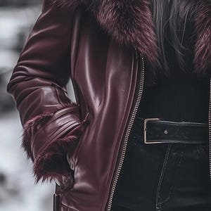 May include: A burgundy leather jacket with a faux fur collar and cuffs. The jacket features a zipper closure and a black belt with a gold buckle. The model is wearing black pants.