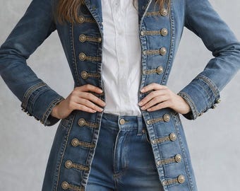 Retro Military Denim Jacket Women, Vintage Button Down Denim Coat, Long Blue Denim Jacket, Military Style Jacket, Casual Fashion Jacket
