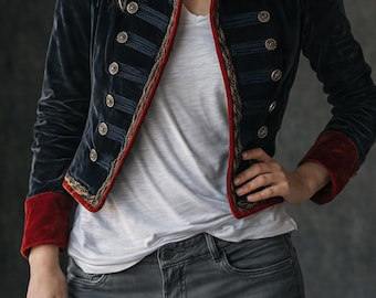 Retro Chic Velvet Military Style Jacket, Double Breasted Vintage Velvet Jacket, Women’s Military Inspired Jacket, Elegant Statement Coat,