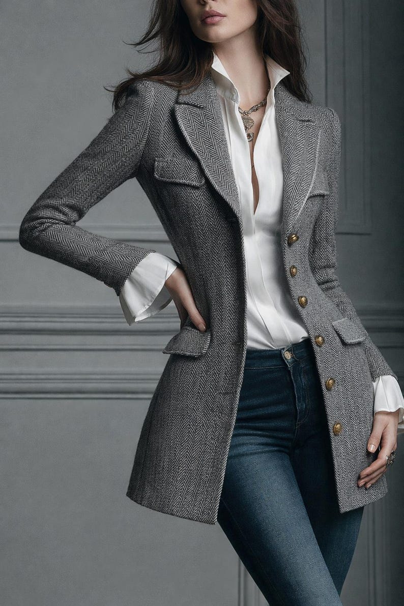 Puede incluir: Una blazer gris con estampado de espiga y botones dorados, combinada con una camisa blanca con cuello y vaqueros azul oscuro. La blazer tiene un corte entallado y presenta dos bolsillos delanteros. Las mangas tienen pu&ntilde;os blancos.