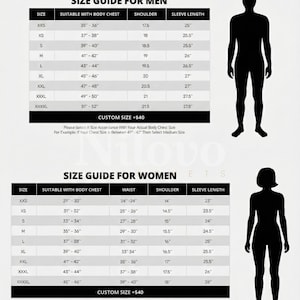 May include: A size guide for men and women, with measurements for body chest, waist, shoulder, and sleeve length. Includes a silhouette of a man and a woman. The text reads "CUSTOM SIZE +$40".