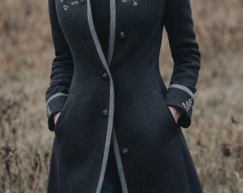 Retro Contrast Trim Floral Embroidery Wool Coat, Vintage Style Mid-Length Jacket, Elegant Winter Coat, Women’s Embroidered Jacket