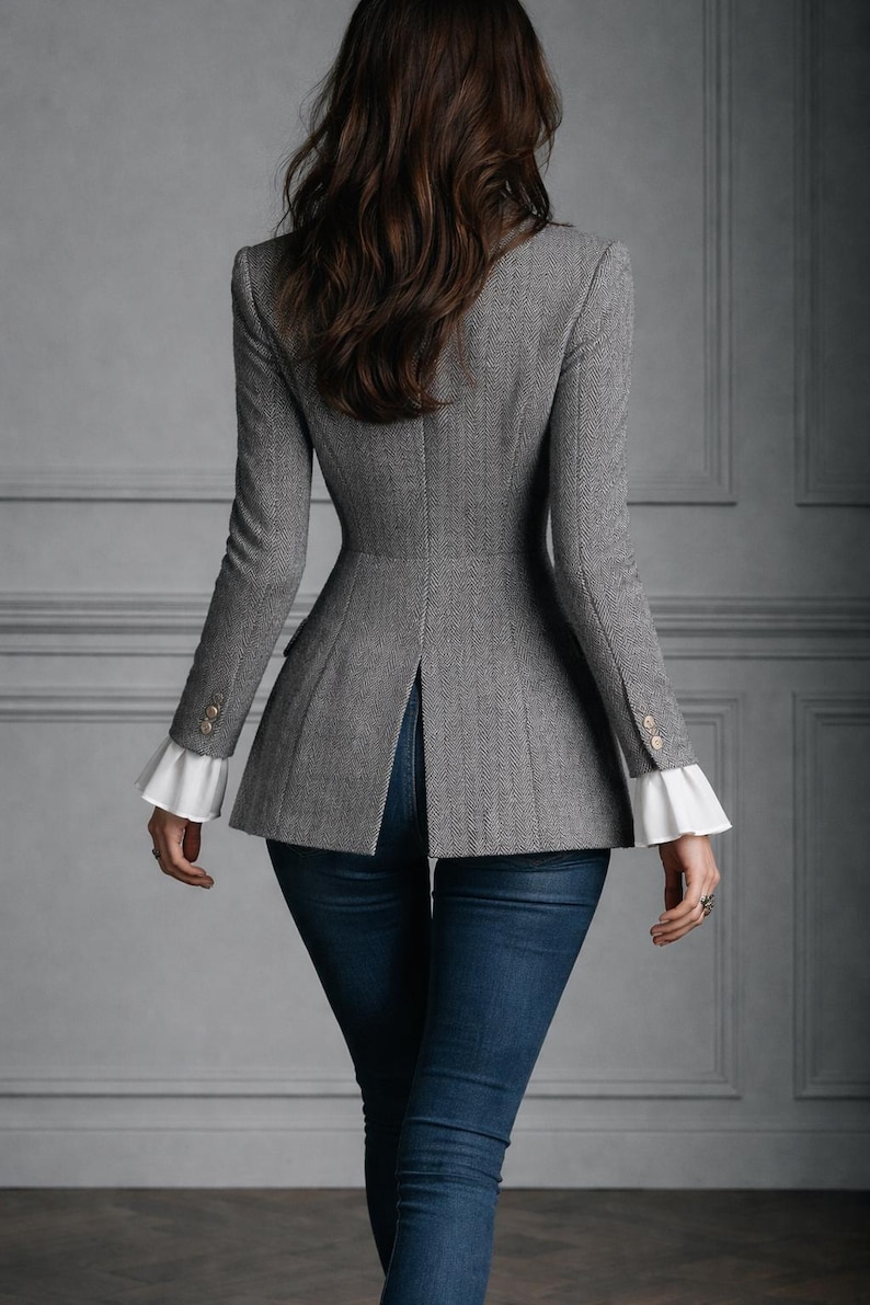 Puede incluir: Una blazer gris con estampado de espiga con pu&ntilde;os blancos con volantes y botones dorados. La blazer tiene un corte entallado y se combina con vaqueros azules. El modelo se ve desde atr&aacute;s.