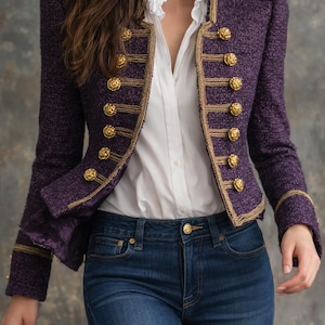 Vintage Military Tweed Jacket Women, Purple Gold Button Jacket, Cropped Military Style Blazer, Retro Tweed Jacket, Elegant Fashion Jacket