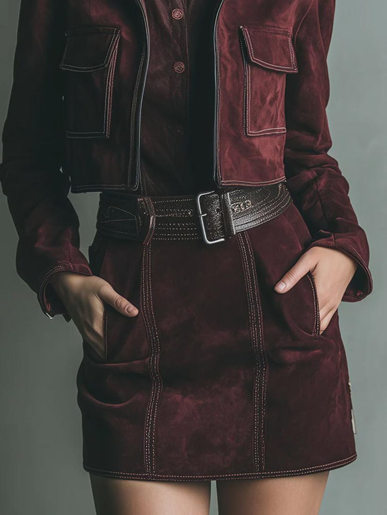 May include: A burgundy suede jacket with two front pockets and a matching skirt. The outfit includes a brown leather belt with a silver buckle. White stitching details the seams of the jacket and skirt. The model has their hands in the skirt pockets.