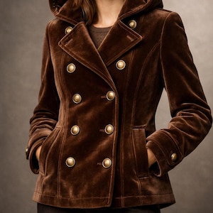 Könnte beinhalten: Ein brauner doppelreihiger Mantel aus Samt mit Kapuze. Der Mantel hat goldfarbene Knöpfe und zwei Vordertaschen. Die Jacke hat ein klassisches Caban-Design.
