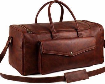 Handmade Brown Leather Duffle Bag, Vintage Travel Weekender Bag, Large Leather Gym Bag, Minimalist Overnight Bag, Gift for Men & Women