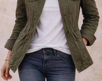 Vintage Washed Cargo Pocket Jacket | Olive Green Utility Jacket | Women's Military Style Jacket | Casual Streetwear Outerwear