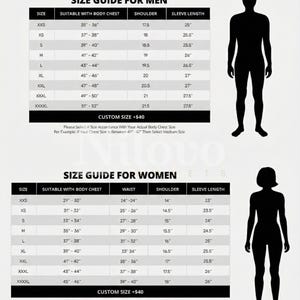 May include: Size guide for men and women, with measurements in inches for chest, waist, shoulder, and sleeve length. Includes XXS to XXXXL sizes. Silhouettes of a man and woman are on the right.