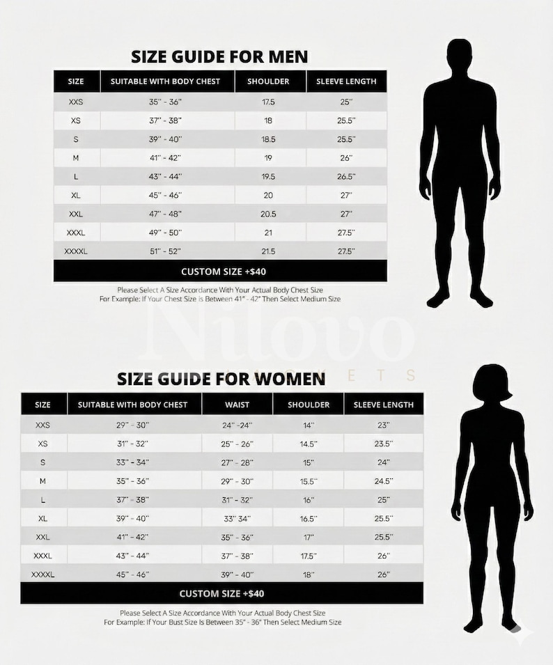 May include: Size guide for men and women, with measurements in inches for chest, waist, shoulder, and sleeve length. Includes XXS to XXXXL sizes. Silhouettes of a man and woman are on the right.
