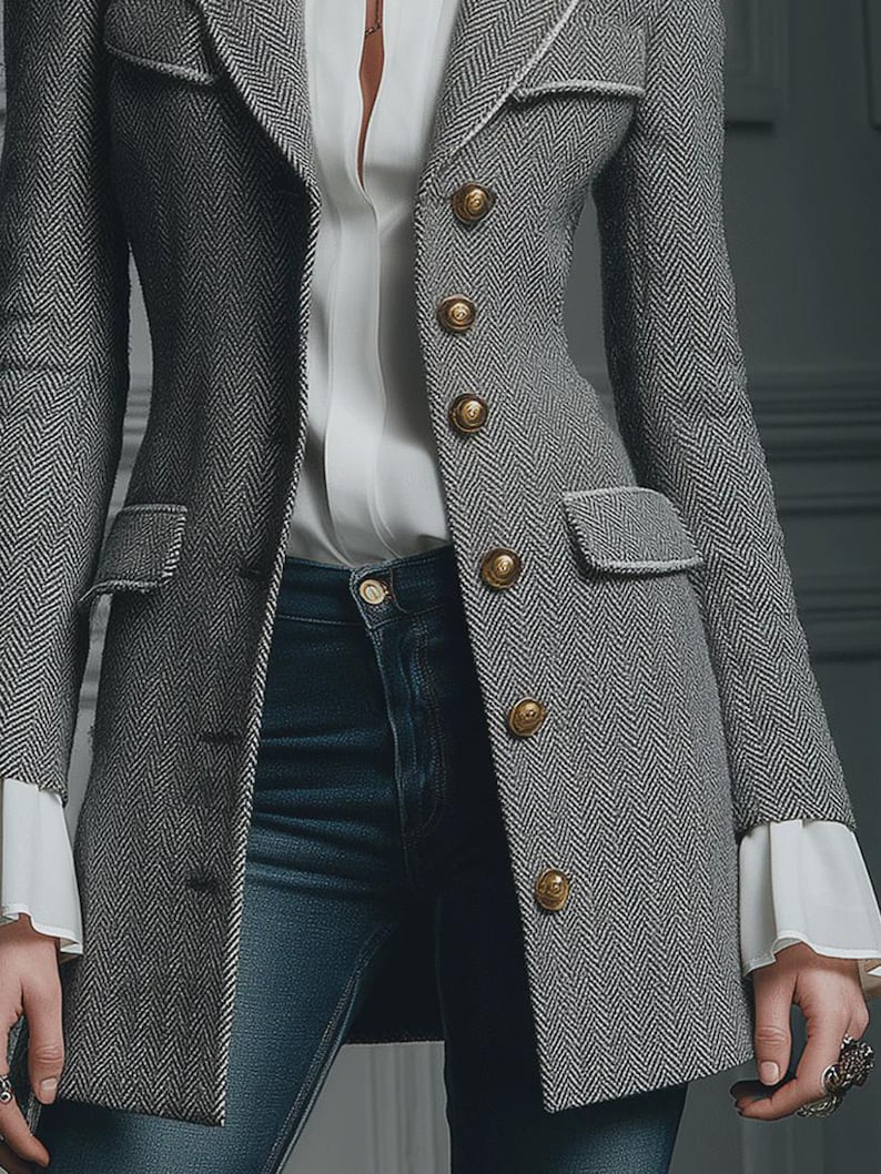 Puede incluir: Blazer gris con estampado de espiga, botones dorados y ribete blanco. El blazer entallado tiene dos bolsillos delanteros y se combina con una blusa blanca y vaqueros azules. La blusa blanca tiene mangas con volantes. La chaqueta mide unos 76 cm de largo.