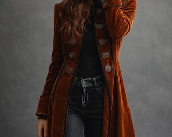 Retro Velvet Long Coat for Women – Gothic Victorian Style Coat – Contrast Trim Winter Jacket – Elegant Vintage Button Coat