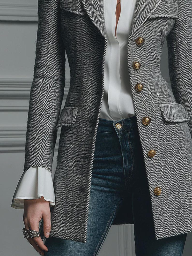 Puede incluir: Un blazer gris con estampado de espiga con botones dorados y una blusa blanca. El blazer tiene un corte entallado con solapas de muesca y bolsillos con solapa. La blusa blanca tiene mangas acampanadas. El modelo lleva vaqueros azules.