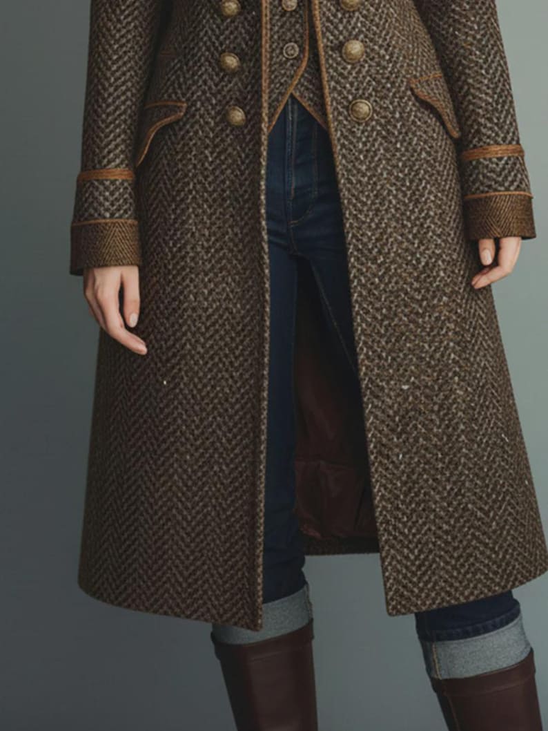 May include: A brown herringbone-patterned coat with gold buttons and brown trim. The coat has a tailored fit and a long length, reaching below the knees. The sleeves have decorative cuffs. The coat is paired with blue jeans and brown boots.
