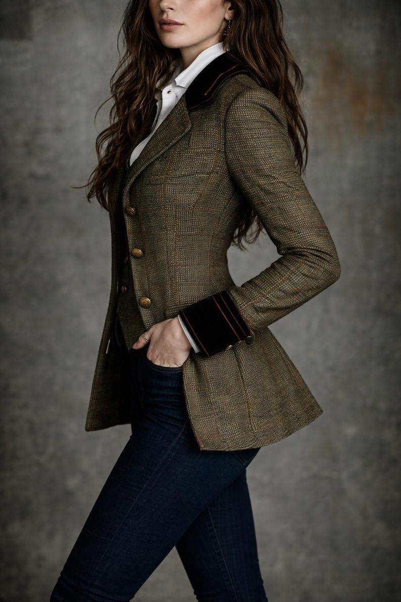 Pu&ograve; includere: Blazer in tweed marrone con colletto e polsini in velluto scuro. Il blazer ha bottoni dorati e una vestibilit&agrave; su misura. La persona indossa una camicia bianca e jeans blu scuro. Stile classico.