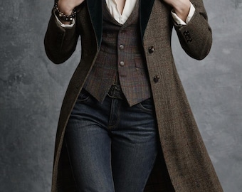 Heritage Vintage Tweed Long Coat Women | Velvet Collar Tailored Coat | Classic Winter Overcoat |Elegant Retro Style Long Jacket