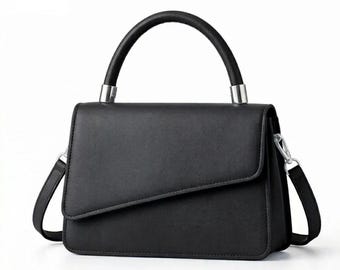 Luxury Black Leather Handbag for Women - Minimalist Top Handle Bag with Detachable Crossbody Strap - High-End Designer Shoulder Bag
