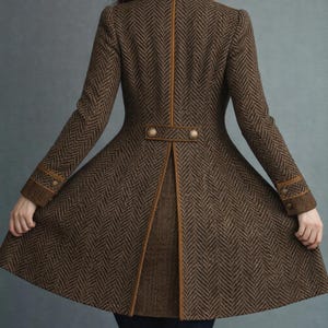 Retro Double Breasted Herringbone Wool Long Coat, Vintage Inspired Women Winter Coat, Contrast Lapel Elegant Formal Overcoat image 2