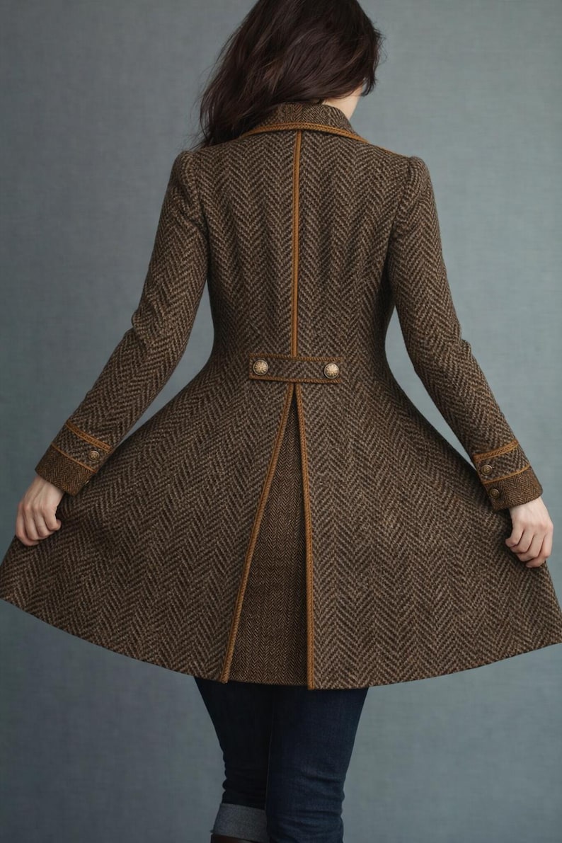 Retro Double Breasted Herringbone Wool Long Coat, Vintage Inspired Women Winter Coat, Contrast Lapel Elegant Formal Overcoat image 2