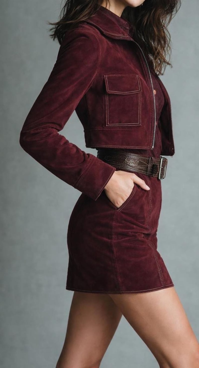 May include: A burgundy suede jacket with two front pockets and a matching mini skirt. The jacket has a zipper closure and the outfit is accessorized with a brown leather belt. The outfit is a stylish ensemble.