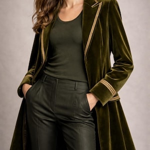 Blazer sastre de terciopelo oliva de lujo para mujer de corte largo
