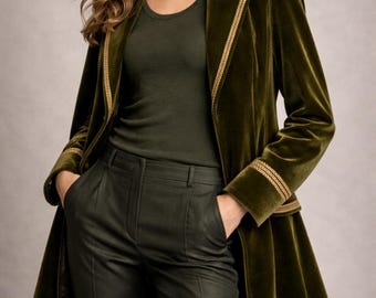 Luxury Olive Velvet Tailored Blazer for Women Longline