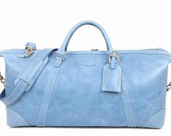 Light Blue Leather Duffle Bag, Weekender Travel Bag, Handmade Leather Overnight Bag, Men Women Carry On Bag, Vintage Style Gym Bag