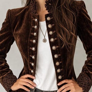 May include: A brown velvet jacket with ornate gold buttons and lace detailing on the collar and cuffs. The jacket has a fitted silhouette and is paired with a white top and dark wash jeans. The jacket's design is reminiscent of a vintage or Victorian style.