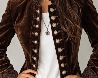 Vintage Turtleneck Lace Panel Double Breasted Jacket, Elegant Victorian Style Jacket, Women's Lace Detail Blazer, Retro Formal Jacket
