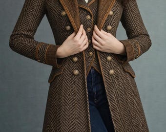 Retro Double Breasted Herringbone Wool Long Coat, Vintage Inspired Women Winter Coat, Contrast Lapel Elegant Formal Overcoat