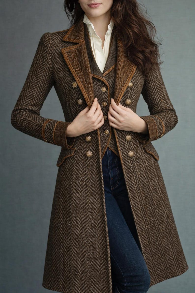 May include: A brown herringbone tweed coat with a matching vest and gold buttons. The coat has a tailored fit with a notched collar and brown trim. The model is wearing a white blouse and blue jeans.