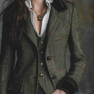 Pu&ograve; includere: Un blazer in tweed verde e marrone con un gilet abbinato e una camicia bianca con colletto. Il blazer ha bottoni dorati e colletto e polsini in velluto nero. &Egrave; visibile una collana con pendente dorato.
