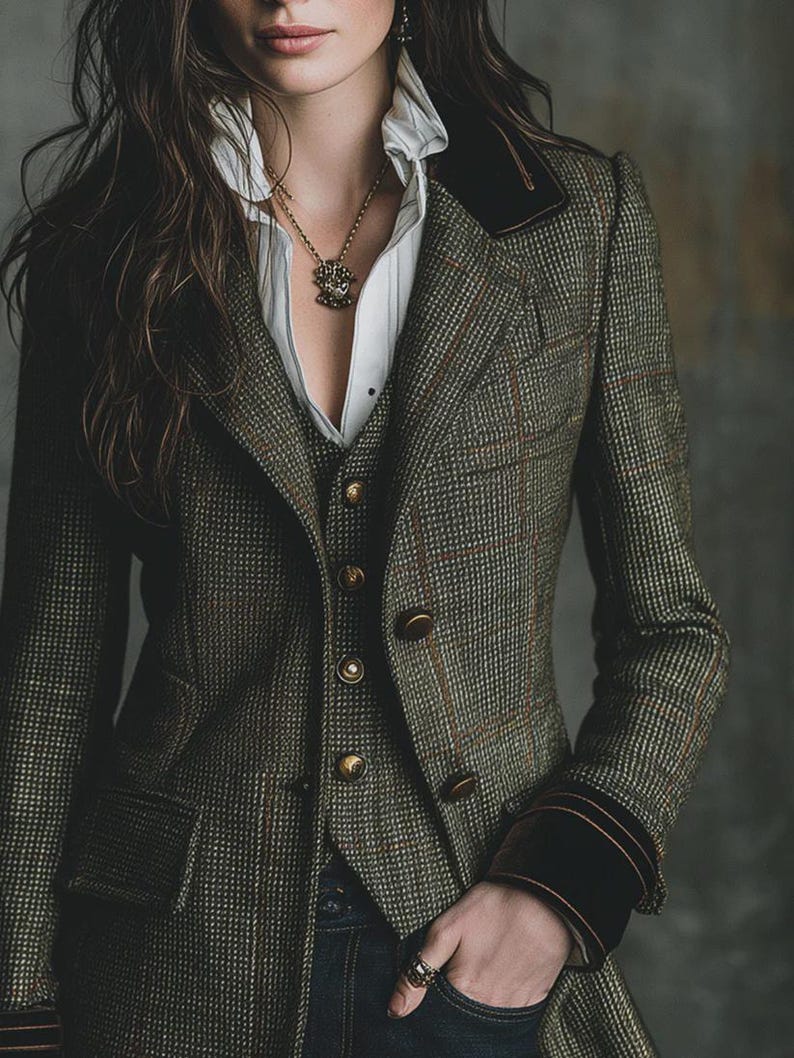 Pu&ograve; includere: Un blazer in tweed verde e marrone con un gilet abbinato e una camicia bianca con colletto. Il blazer ha bottoni dorati e colletto e polsini in velluto nero. &Egrave; visibile una collana con pendente dorato.