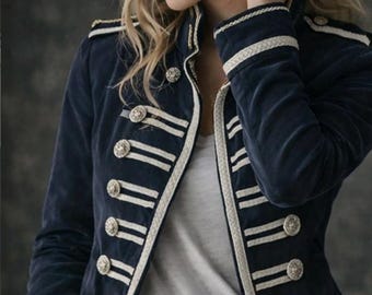 Women's Navy Blue Velvet Military Jacket, Vintage Victorian Style Jacket, Parade Military Blazer, Gold Button Jacket, Retro Statement Coat
