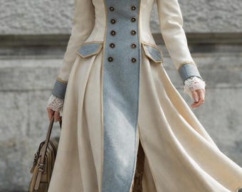 Retro Contrast Wool Blend Coat for Women – Vintage Inspired Long Winter Coat, Elegant Tailored Warm Overcoat, Classic Statement Outerwear